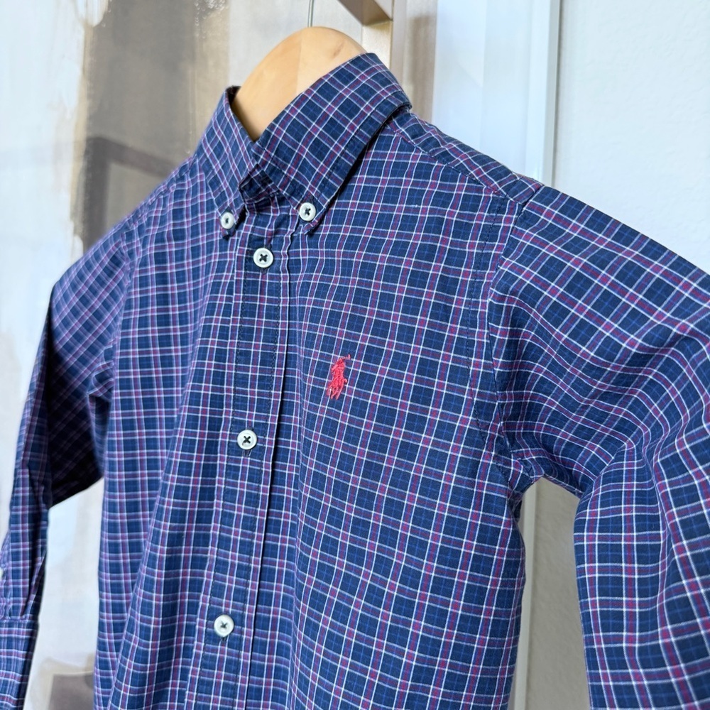 Ralph Lauren Boys Plaid Button-Down Dress Shirt Navy Red White Size 3/3T Cotton
